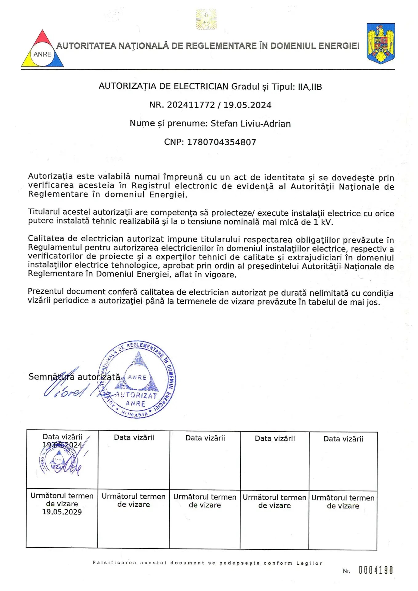 Autorizație electrician ANRE